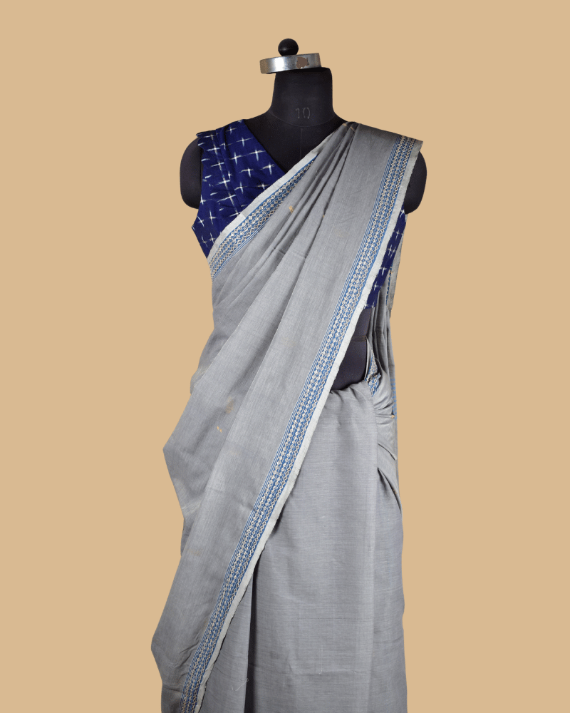 Grey Cotton Saree with Hand Embroidery