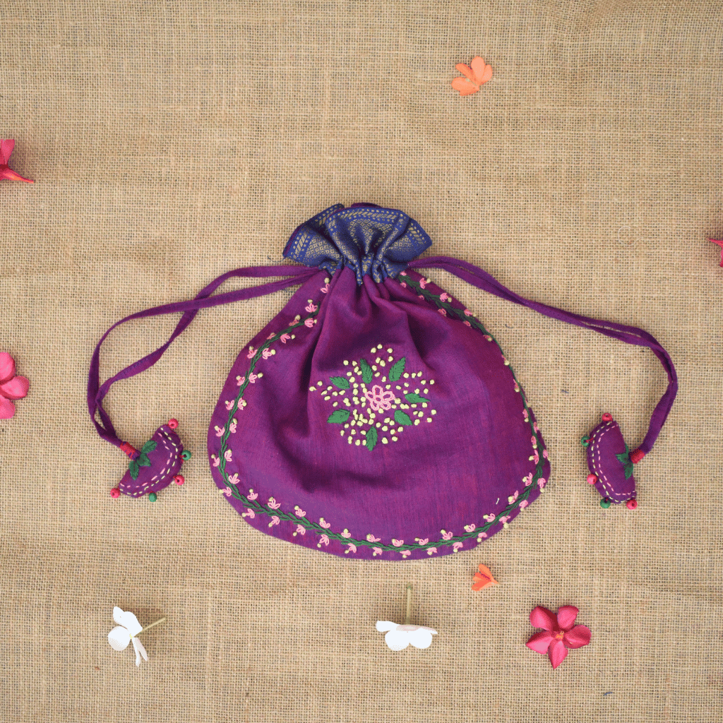 Handmade Purple U Shape Potli Bag in Mangalgiri cotton with embroidery and tassels