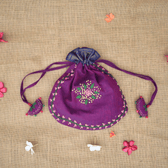 Handmade Purple U Shape Potli Bag in Mangalgiri cotton with embroidery and tassels