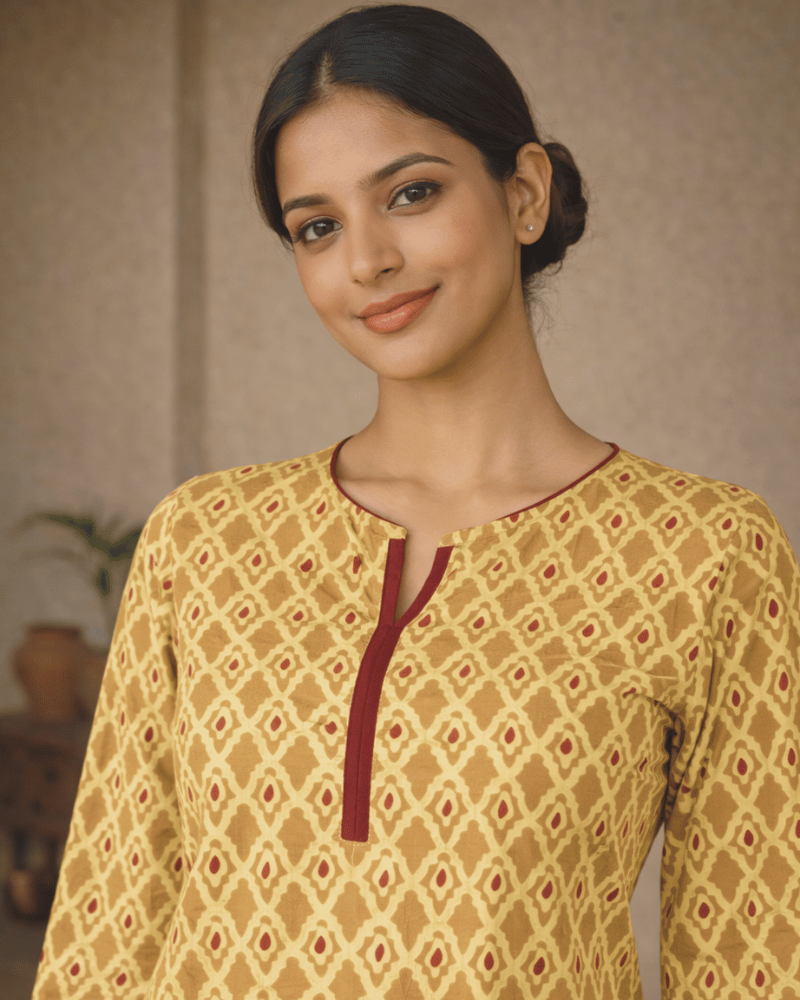 Yellow Kalamkari Short Tunic - neck