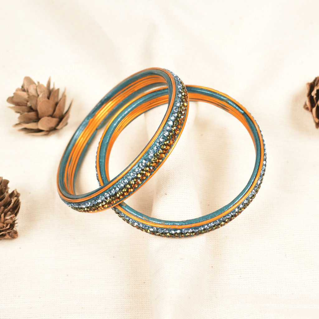 Blue 3 line stones lac bangles - Gold