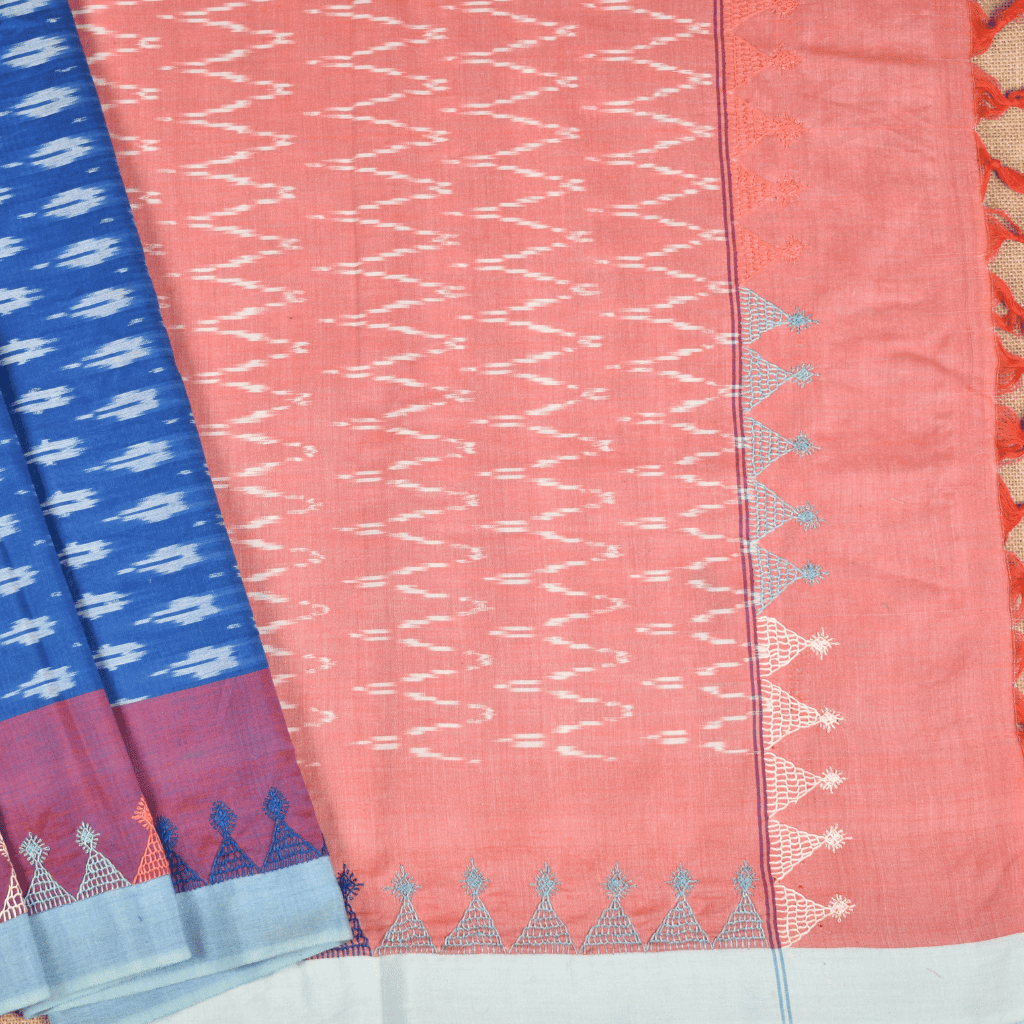 Navy Blue ikat saree with hand embroidery - embroidery