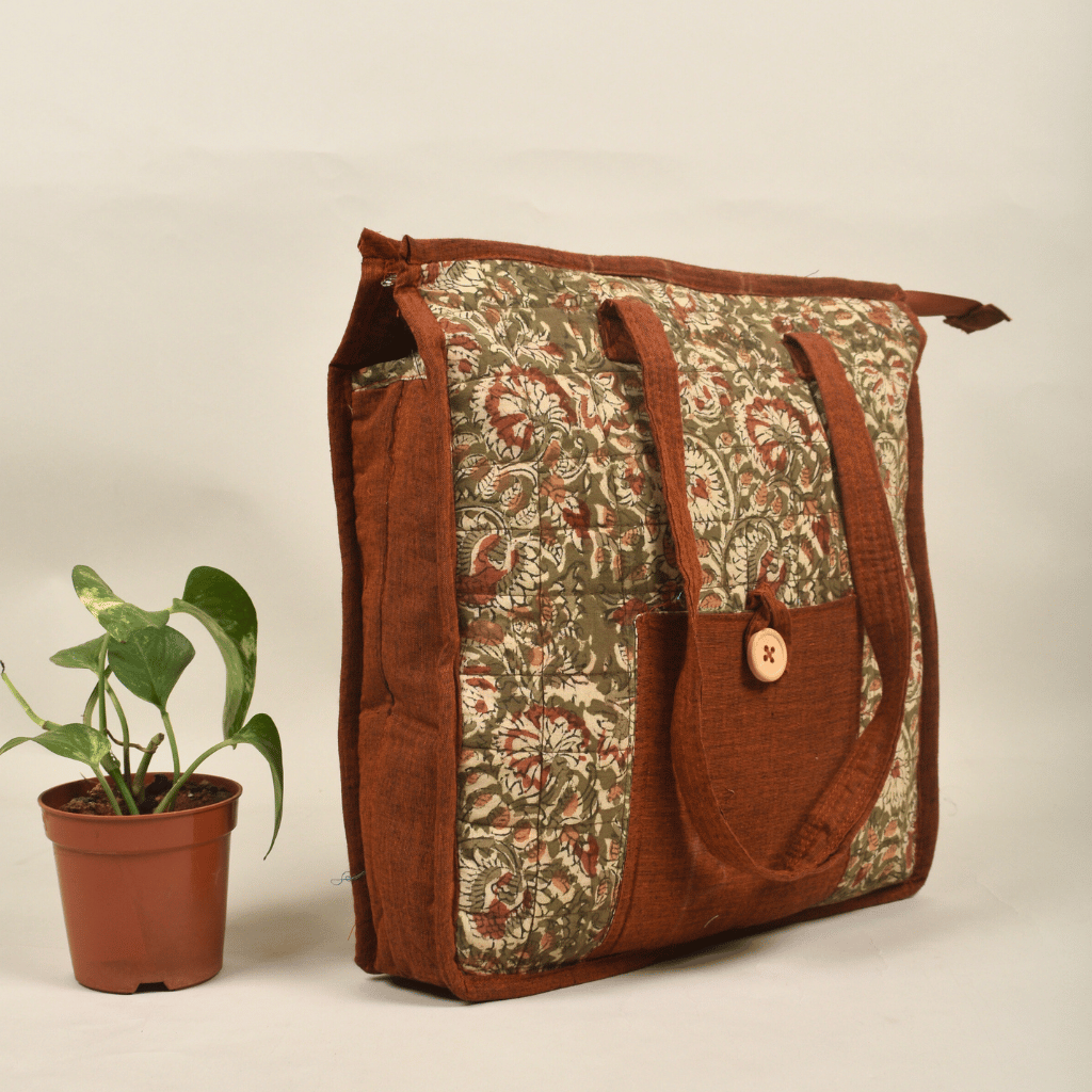 Green Kalamkari Quilted Tote Bag - side
