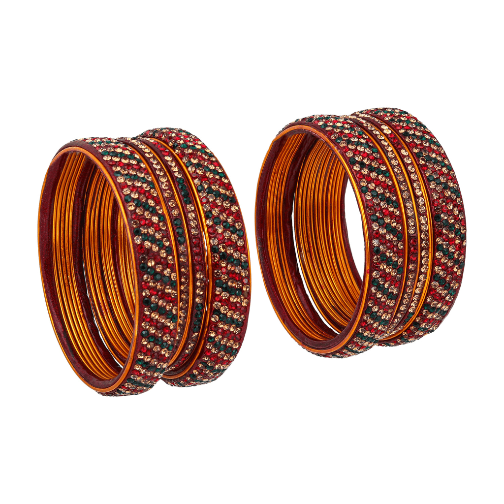 Set of eight bangles in green & red tones - stones