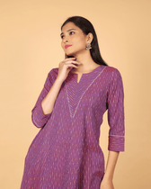 A line Purple Ikat Cotton Kurta with Pleated V Yoke - sleeves