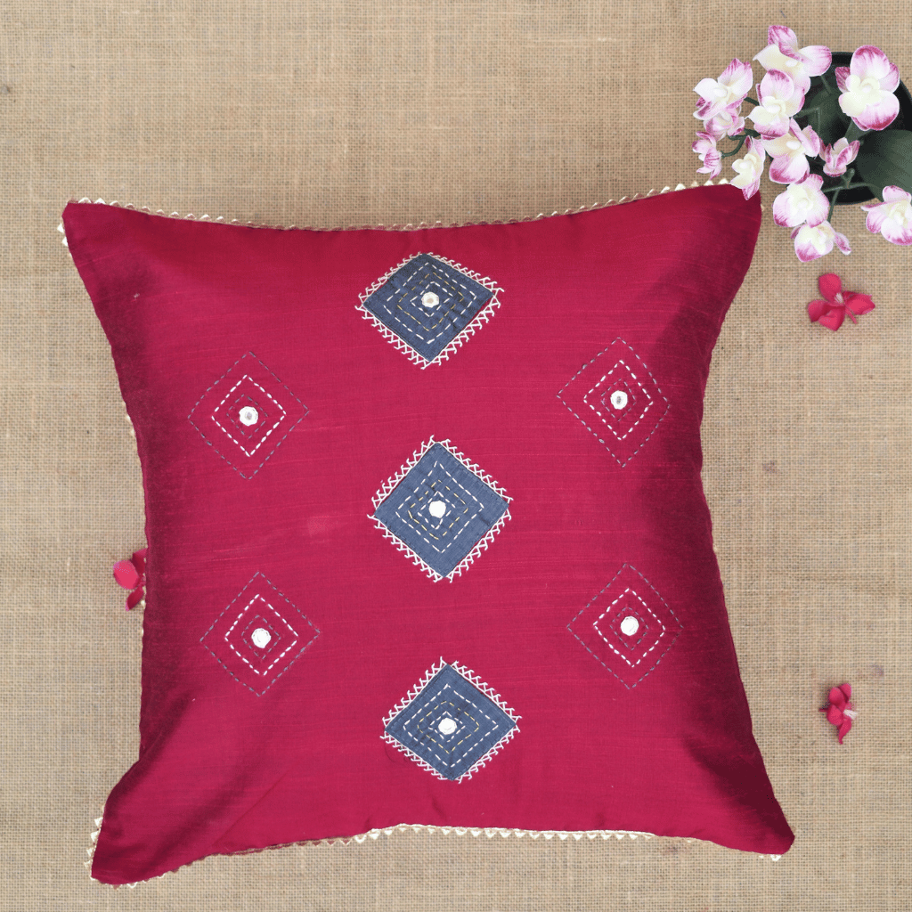 Red Silk Cushion Cover With Mirror Embroidery - front