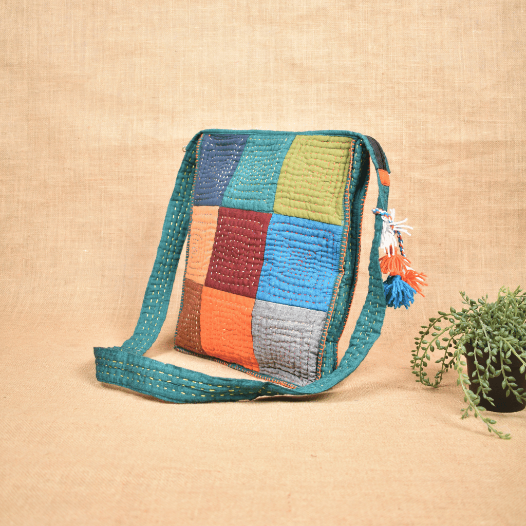 Colorful artisan-crafted sling bag with tassels – eco-friendly fabric bag