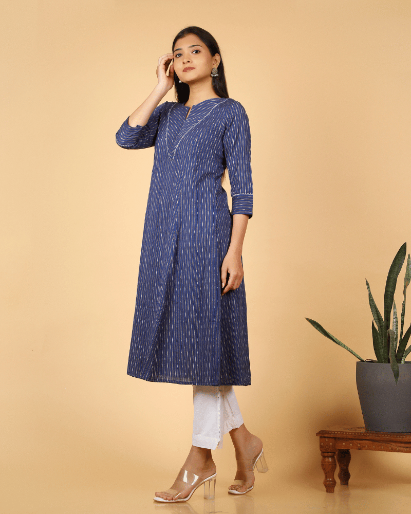 A line Blue Ikat Cotton Kurta with Pleated V Yoke - side