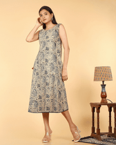 Blue Floral Kalamkari Dress With a Boat Neck - side