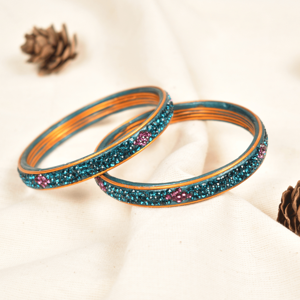 pair of blue & pink 3 line stones lac bangles - glittery