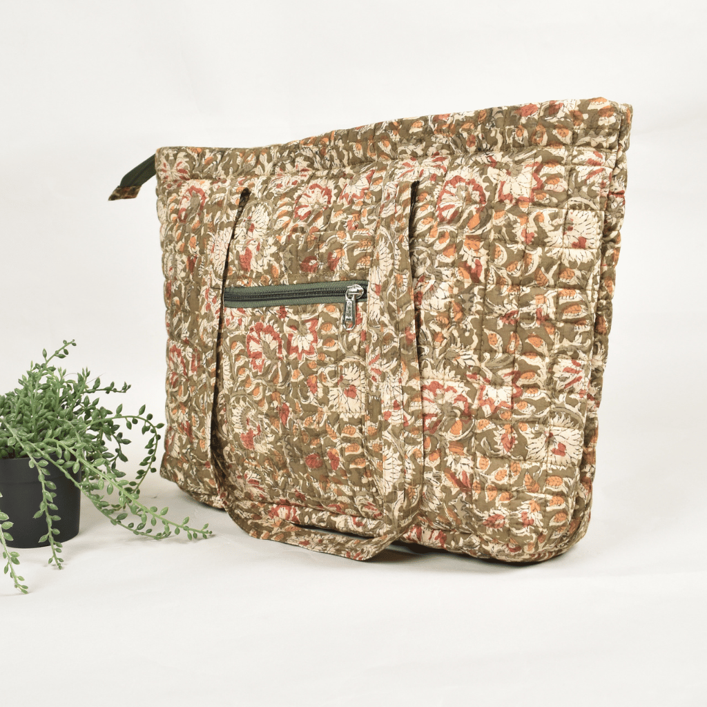 Green kalamkari large tote bag - side