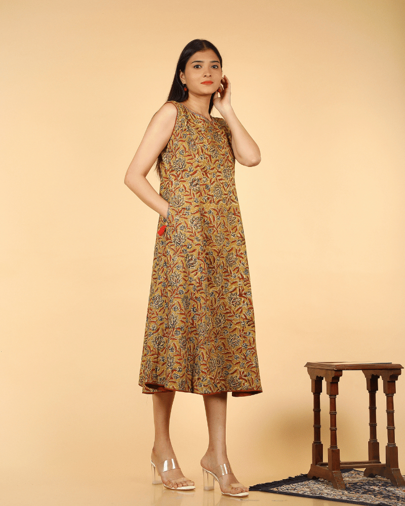 Yellow Floral kalamkari Dress with a Boat neck - pockets