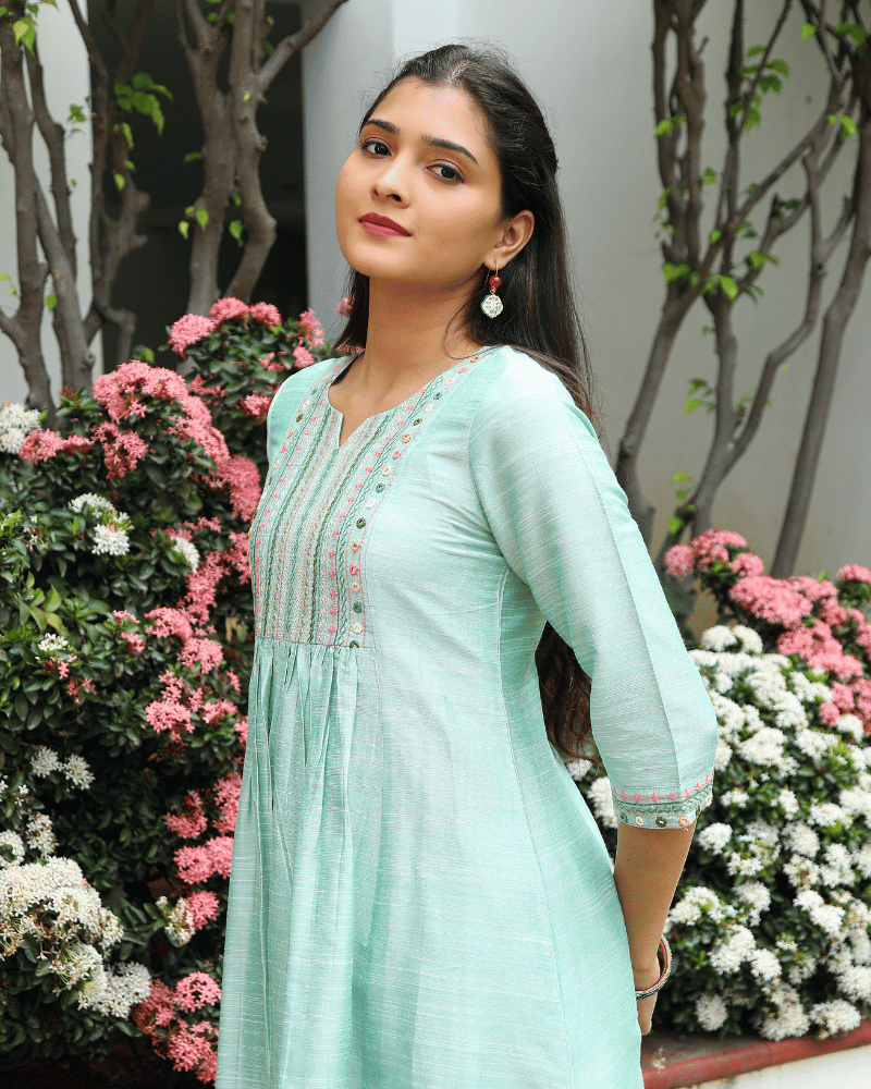 Mint Green Festive Silk Kurta with Frill Embroidery - sleeves