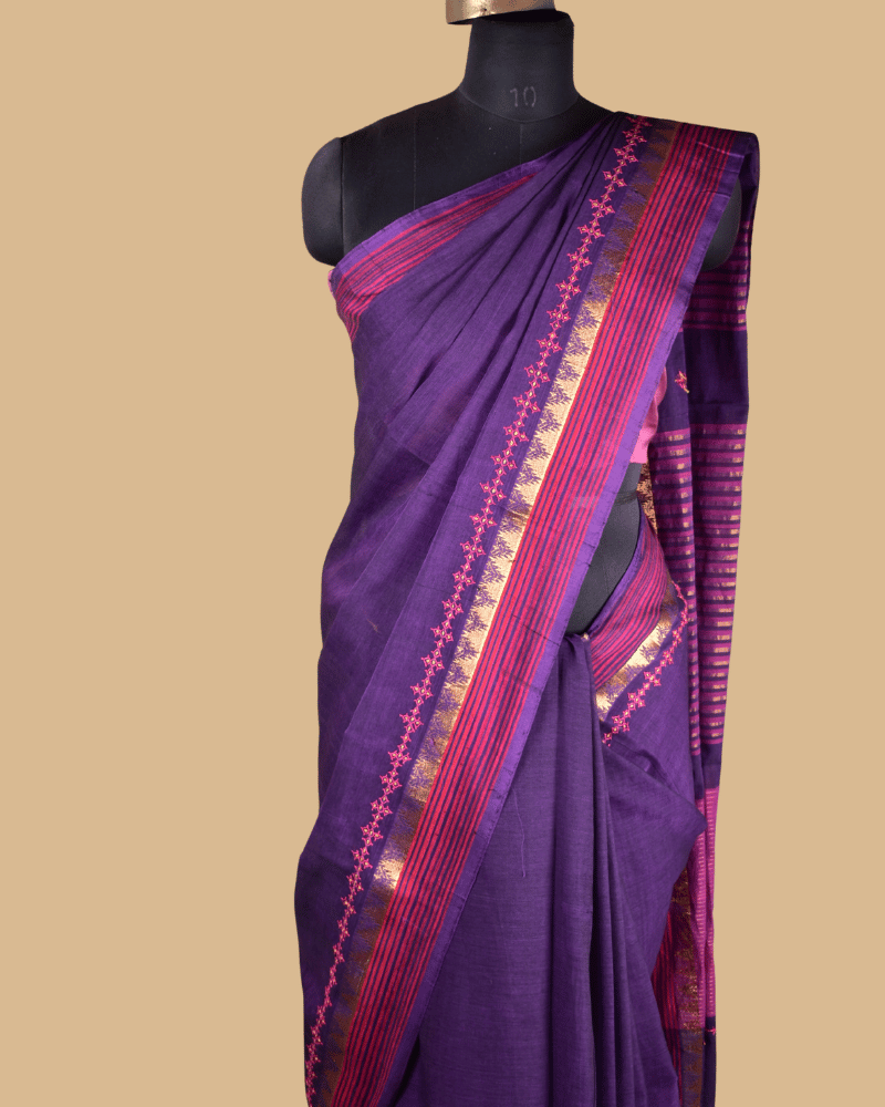 Purple Cotton Saree with Hand Embroidery