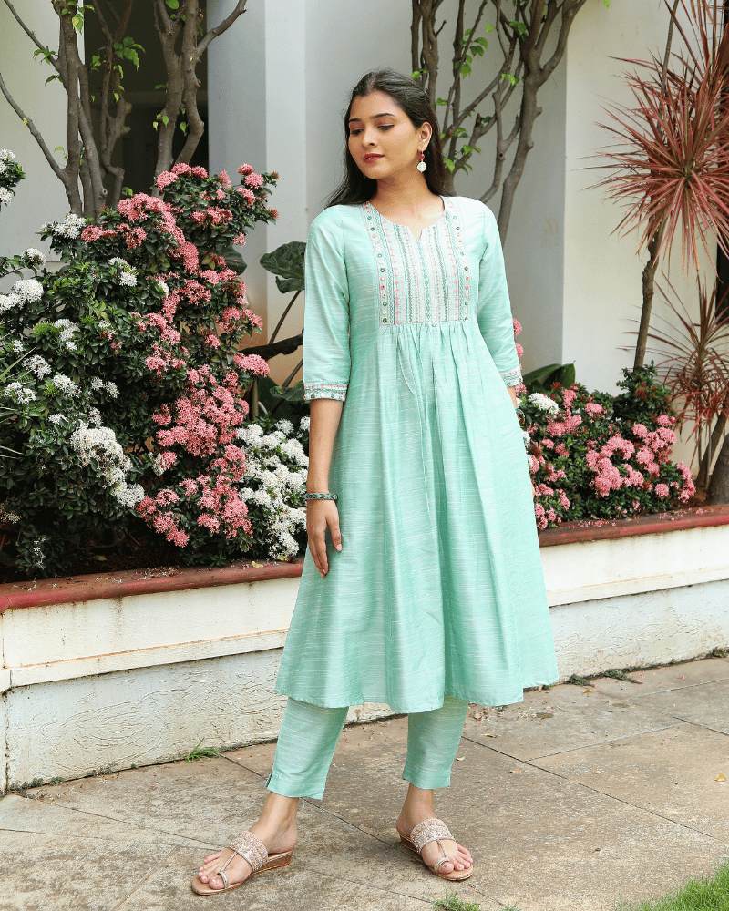 Mint Green Festive Silk Kurta with Frill Embroidery - kritikala