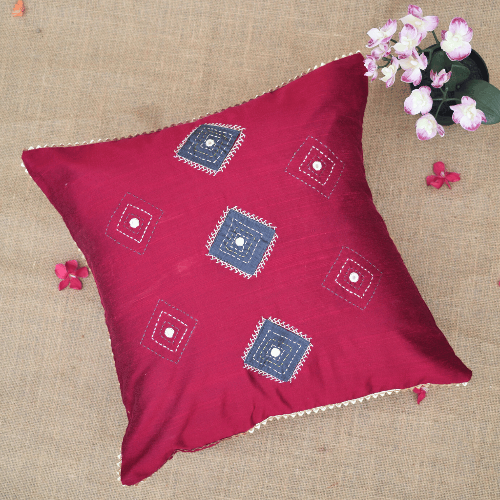 Red Silk Cushion Cover With Mirror Embroidery - Kritikala