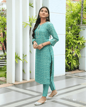 Teal Straight Fit Mercerized Ikat Printed Kurta -  Hand embroidery