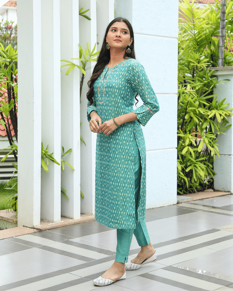 Teal Straight Fit Mercerized Ikat Printed Kurta -  Hand embroidery