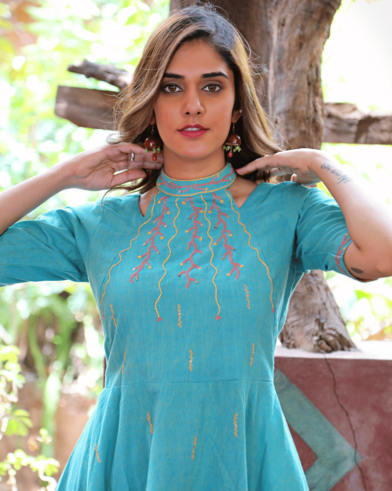 Green Embroidered High-Low Women’s Dress