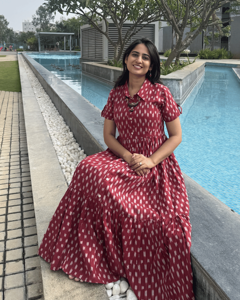 Maroon Ikat Cotton Calf-Length Dress - Shirt Collar 