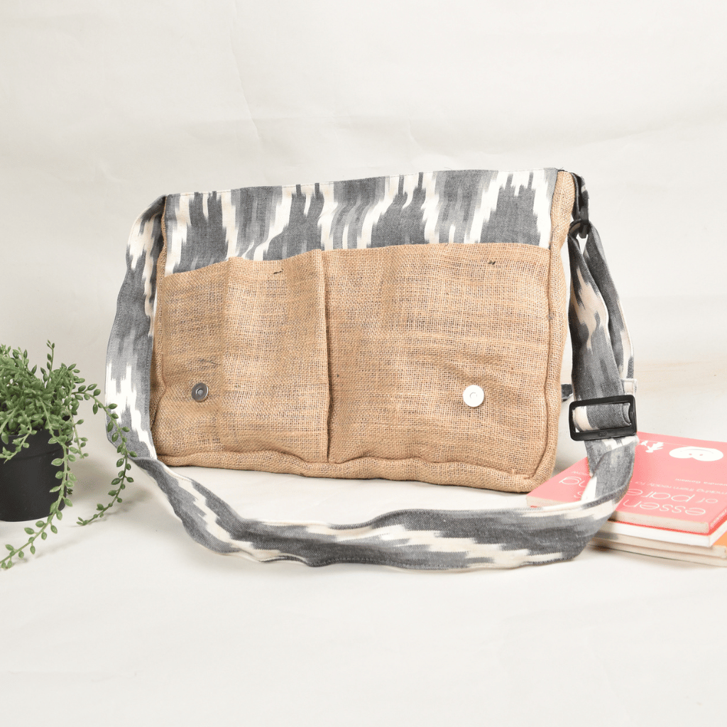 Cross body grey ikat laptop bag - pockets