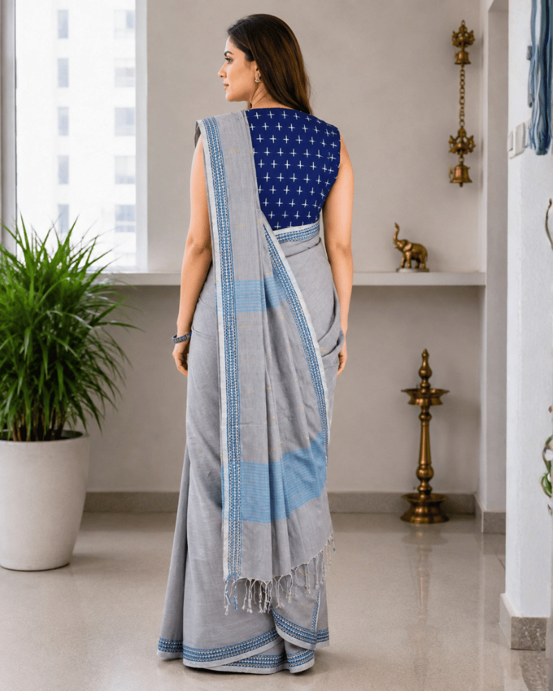 Grey Cotton Saree with Hand Embroidery