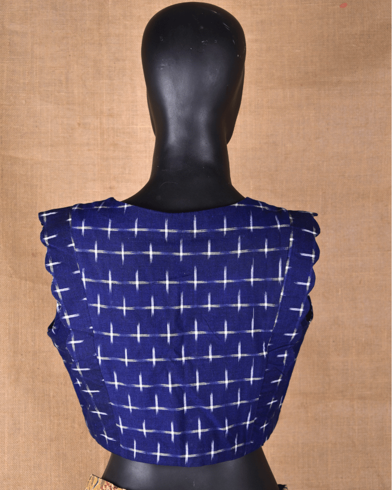 Navy Blue Ikat Cotton Sleeveless Blouse with V-Neck - Back