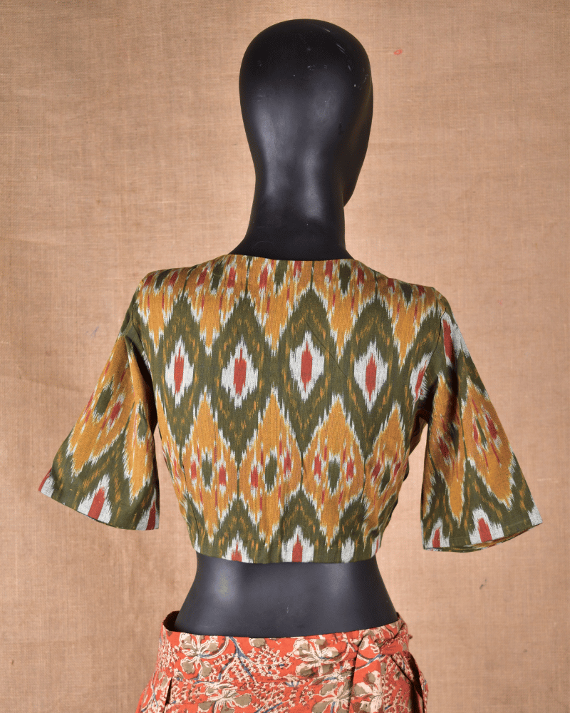 Mustard Yellow Ikat Cotton Blouse with V-Neck