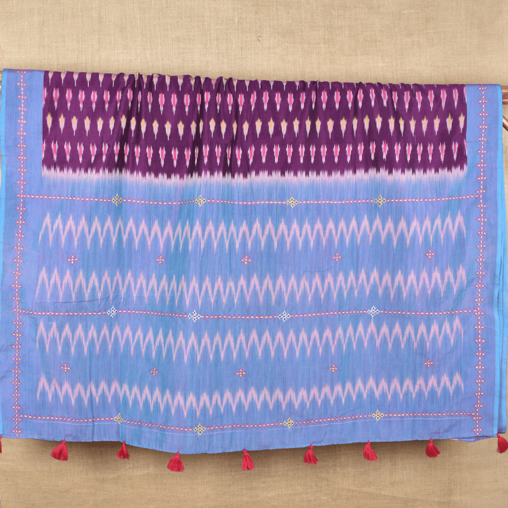 Purple ikat saree with hand embroidery - pico