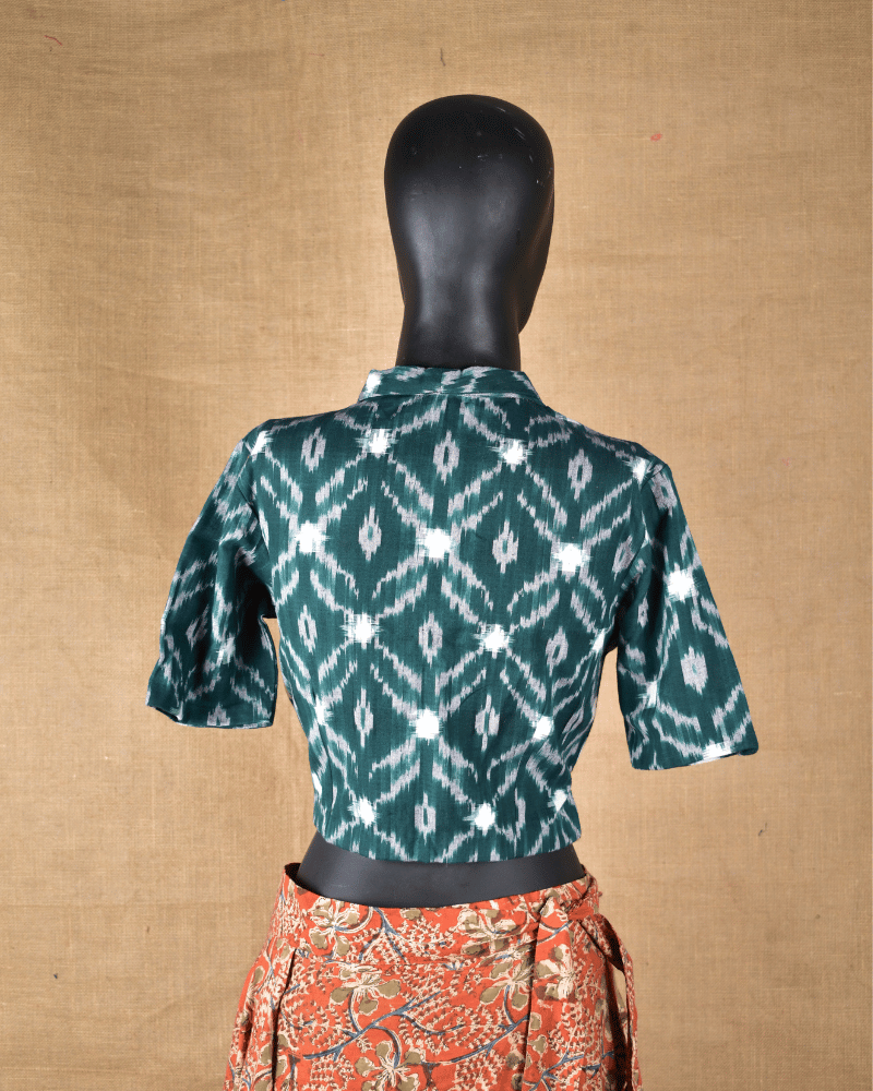 Green Ikat Cotton Blouse with Shirt Collar - back