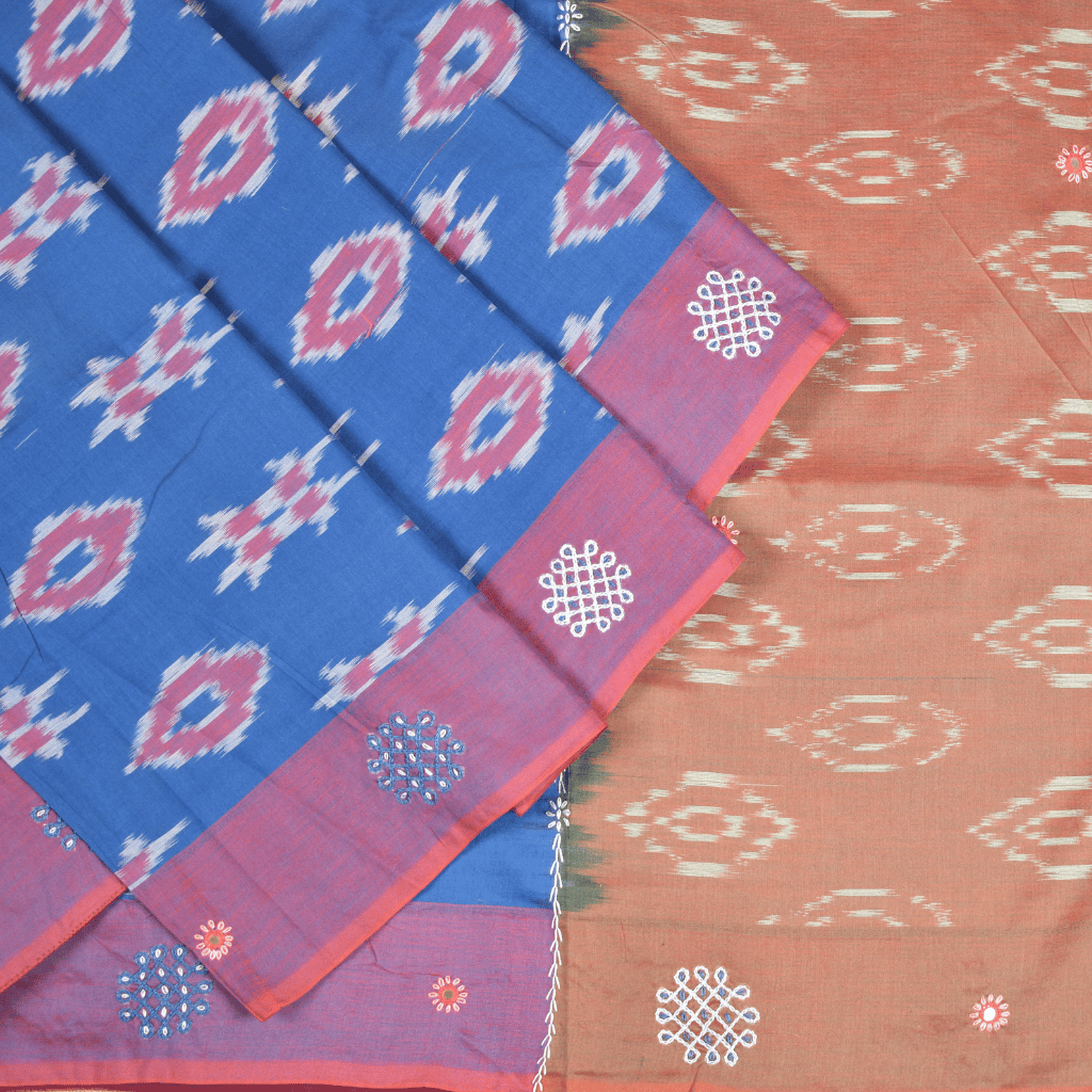 Blue ikat saree with hand embroidery