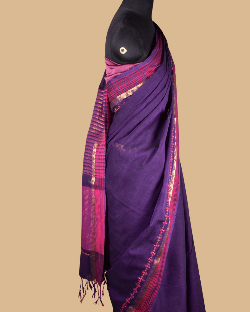 Purple Cotton Saree with Hand Embroidery
