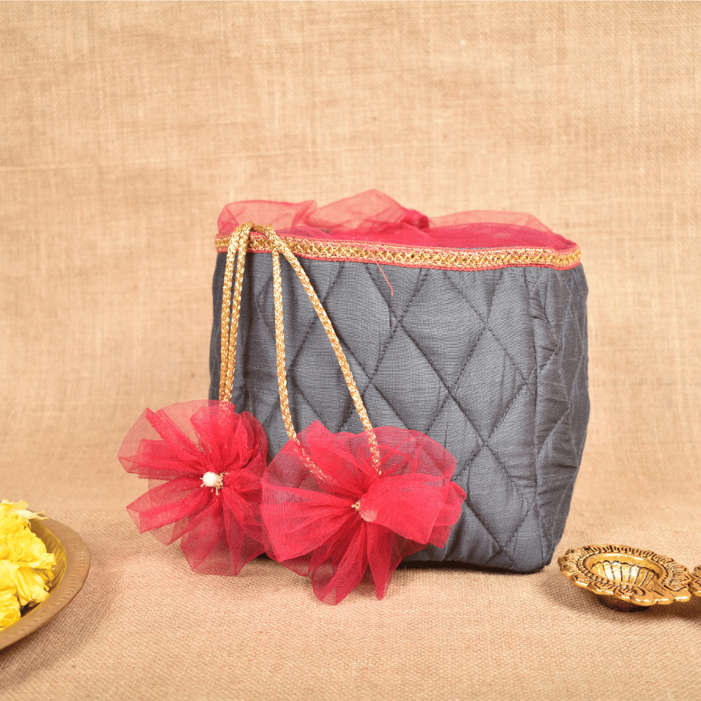 Grey Silk Potli Bag | Handmade & Reusable