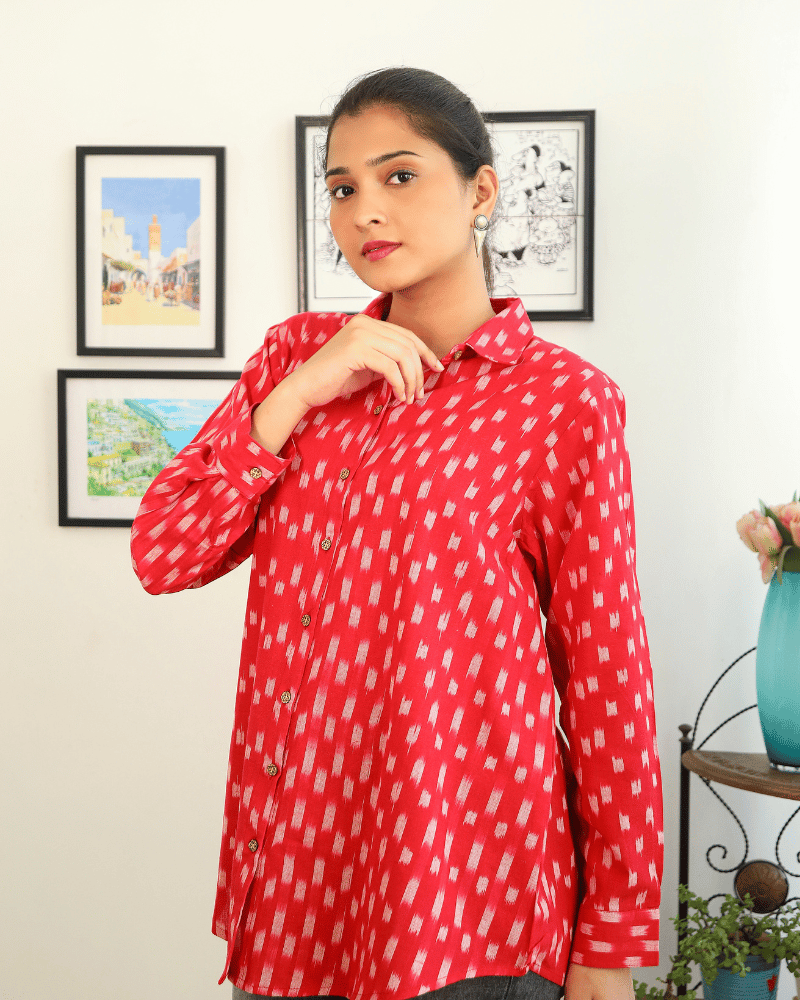Stylish Women’s Red Ikat Cotton Shirt - sleeves