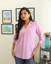 Embroidered short top in purple cotton - flower motifs