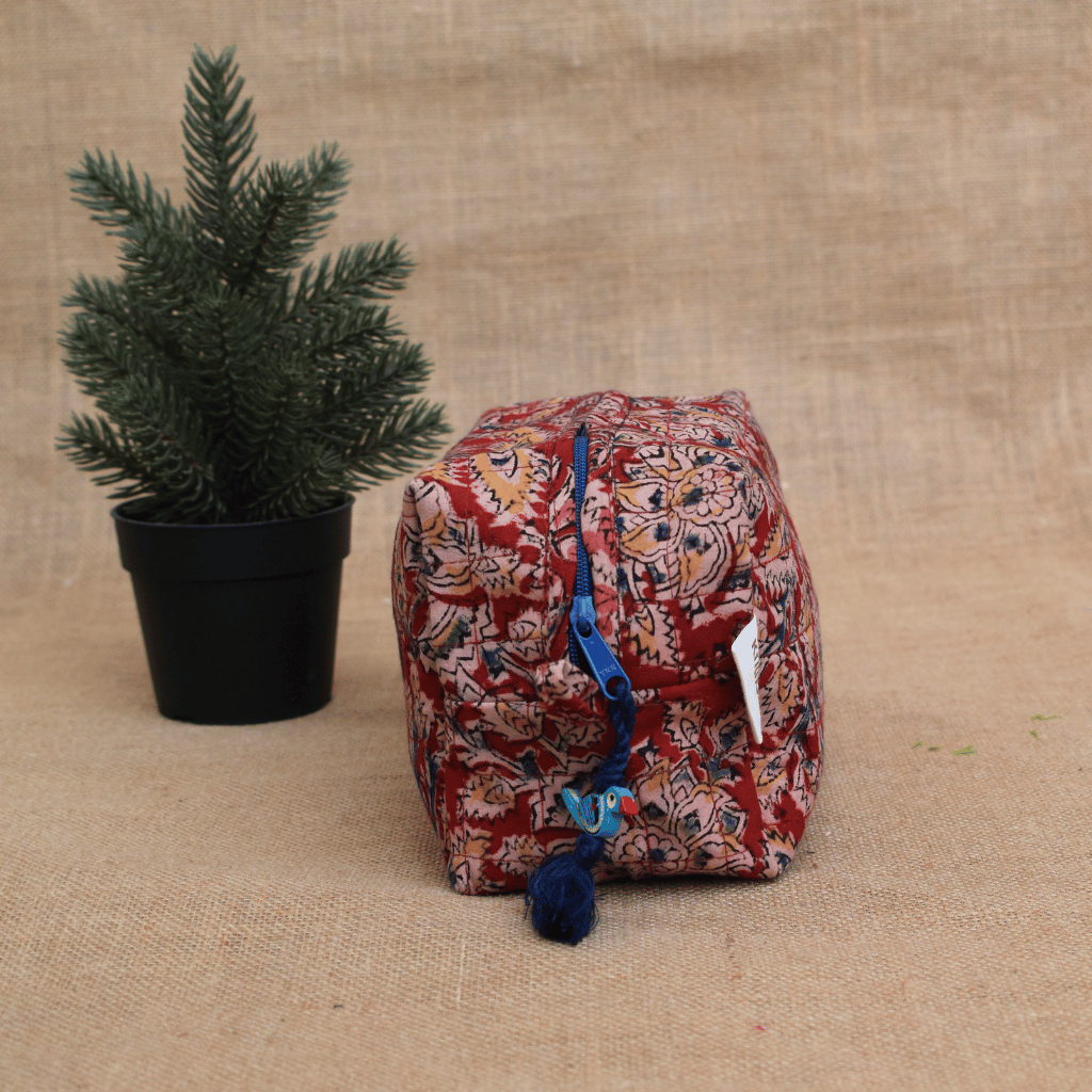 Red kalamkari travel cosmetic bag - tassel
