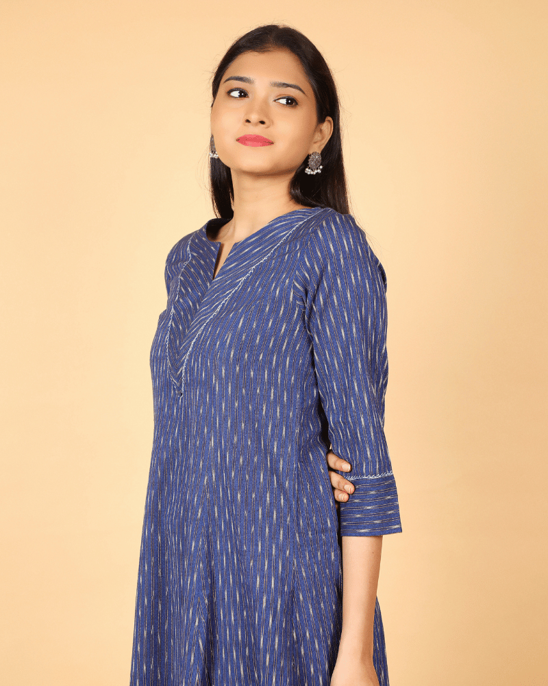 A line Blue Ikat Cotton Kurta with Pleated V Yoke - pocket