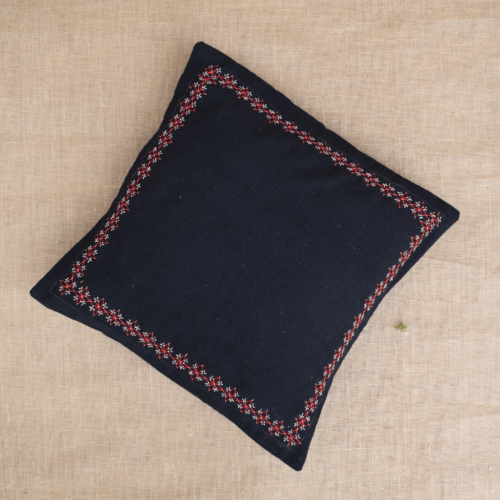 Black Embroidered Mangalagiri Cotton Cushion Cover – 16 x 16 Inches