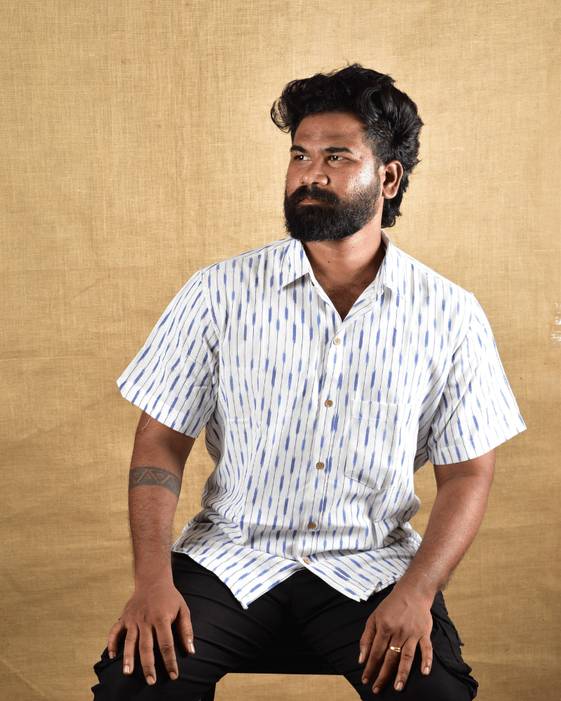 White Casual Men's Shirt In Ikat cotton 