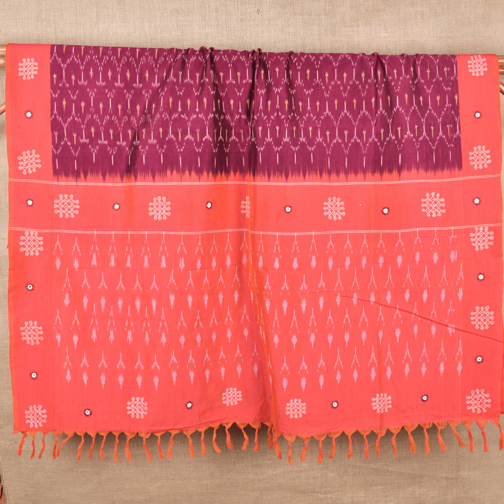 Maroon ikat saree with hand embroidery - pallu