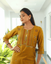 Mustard Yellow Silk Yoke Embroidery Kurta - mirror work
