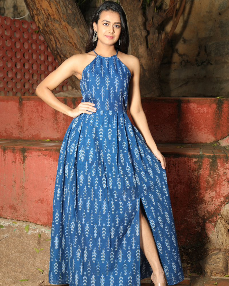 Blue semi silk ikat halter neck long dress with a front slit
