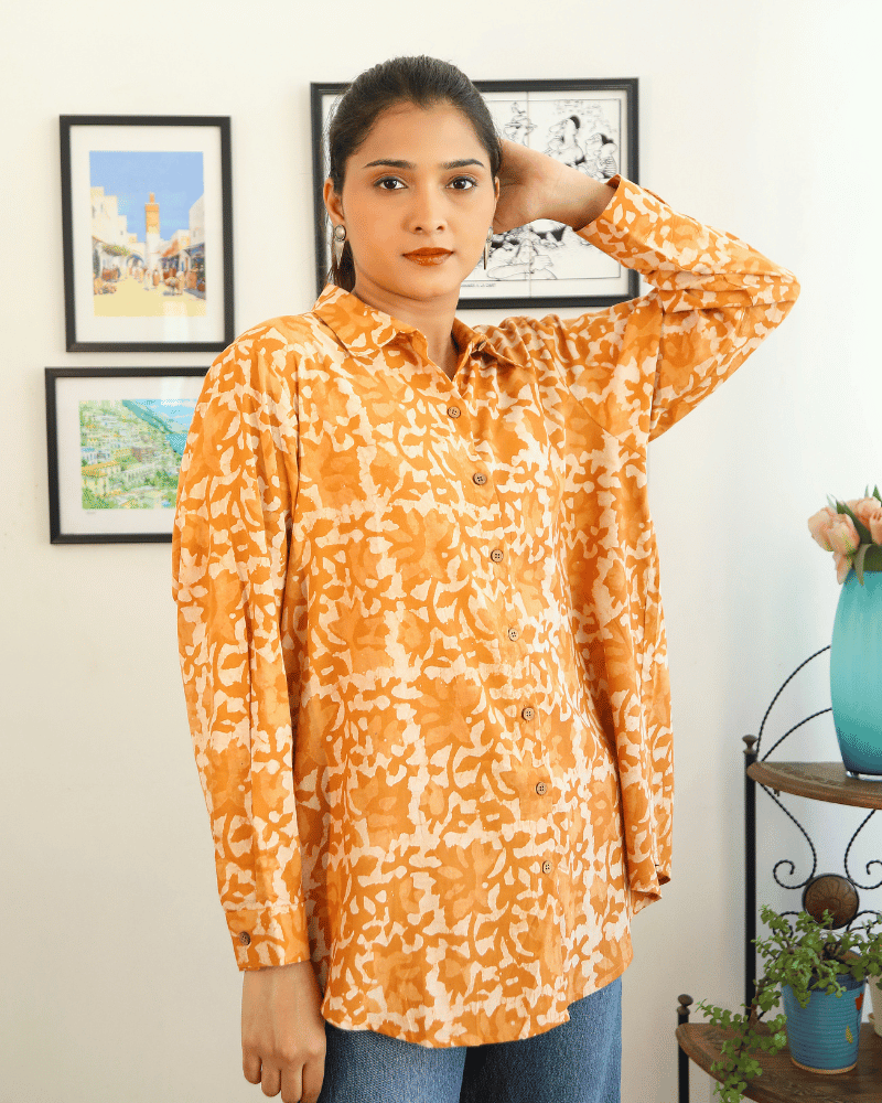 Stylish Women’s Yellow Kalamkari Cotton Shirt - front