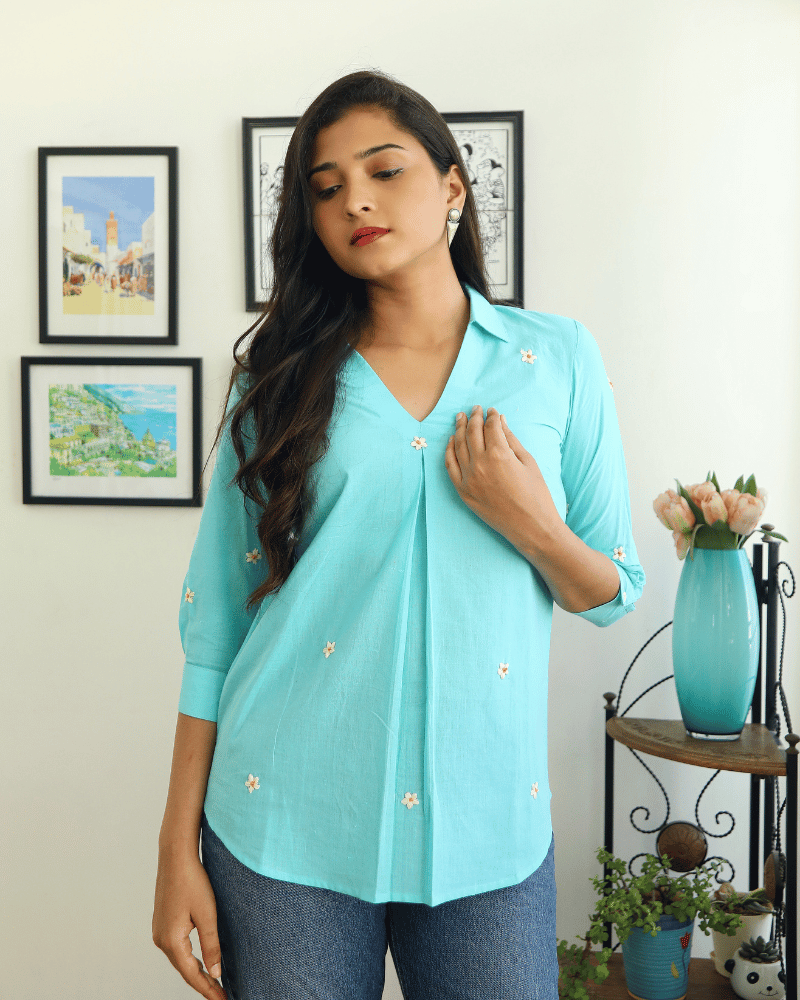 Embroidered short top in Blue cotton