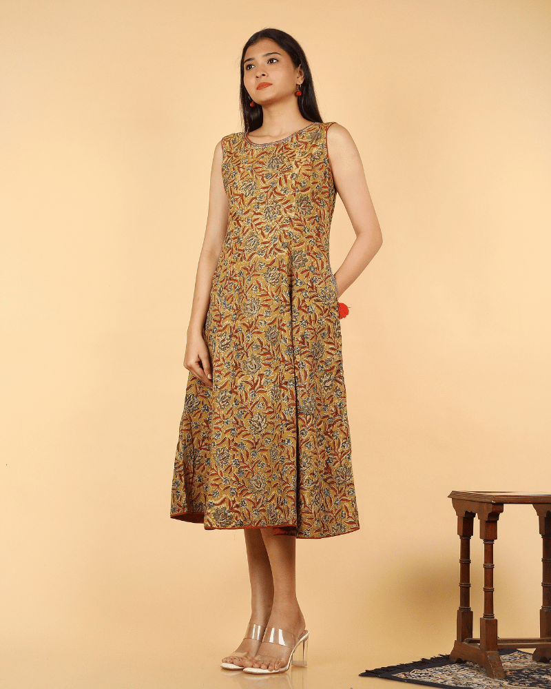 Yellow Floral kalamkari Dress with a Boat neck - side