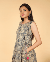 Blue Floral Kalamkari Dress With a Boat Neck - pockets