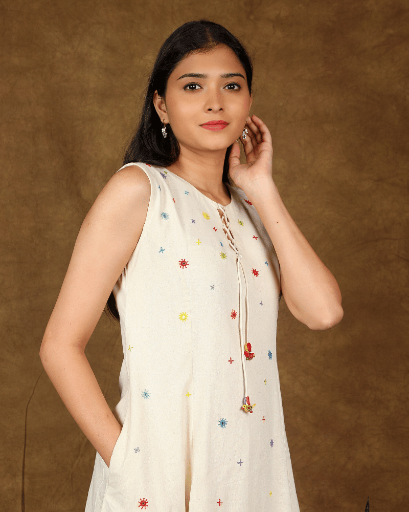 Sleeveless A line Summer frock - embroidery