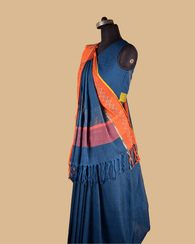 Blue Cotton Saree with Hand Embroidery