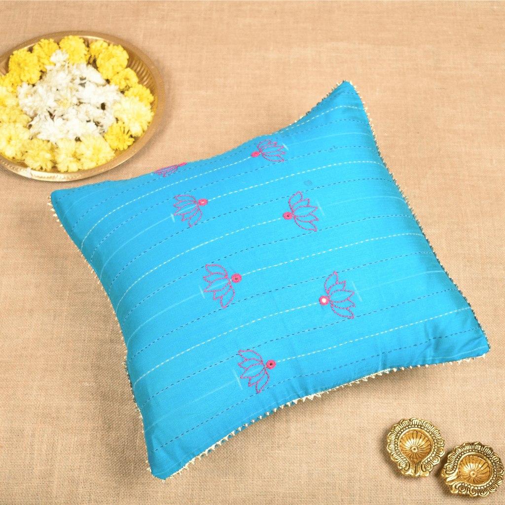 Blue Silk Cushion Cover With Lotus Embroidery