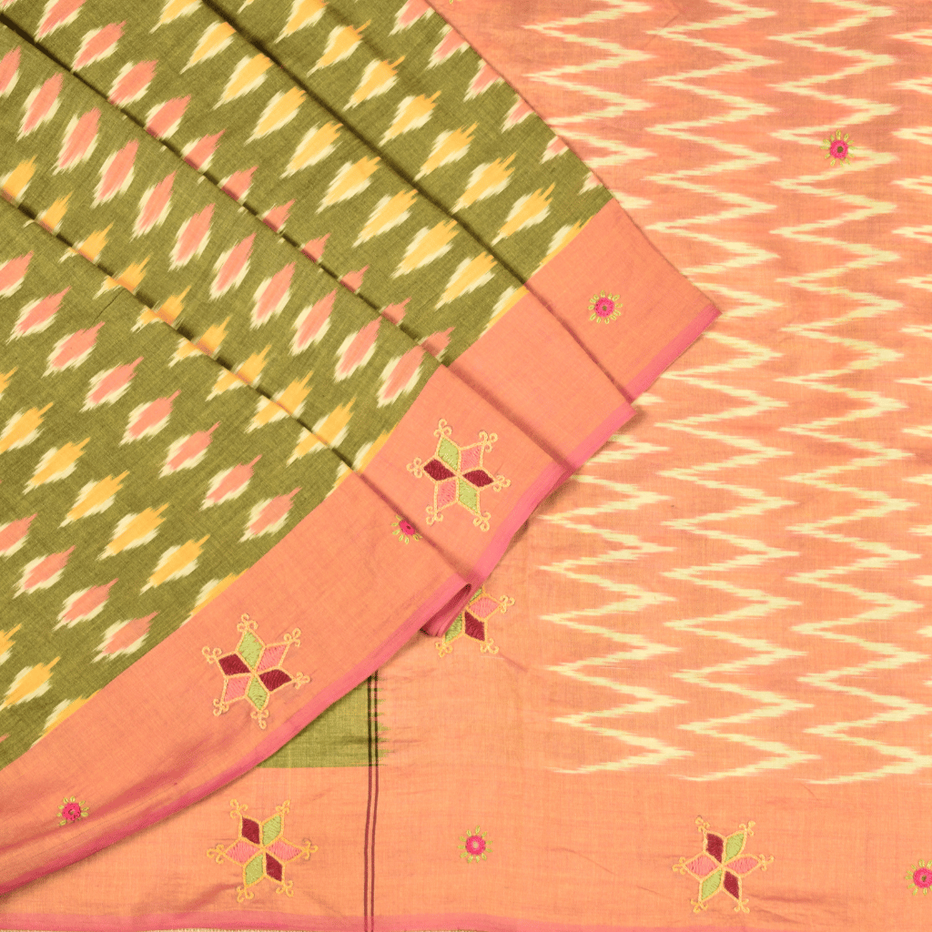 Yellow ikat saree with hand embroidery